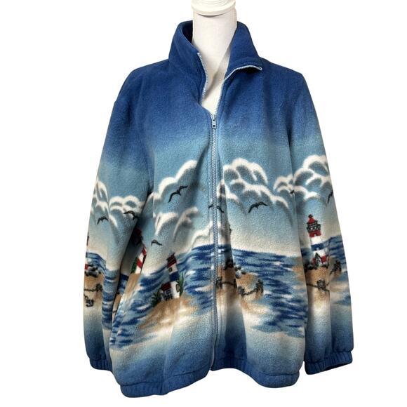 Vintage fleece lighthouse Jacket, blue, coastal grandma, nostalgic, seaside - Picture 1 of 5